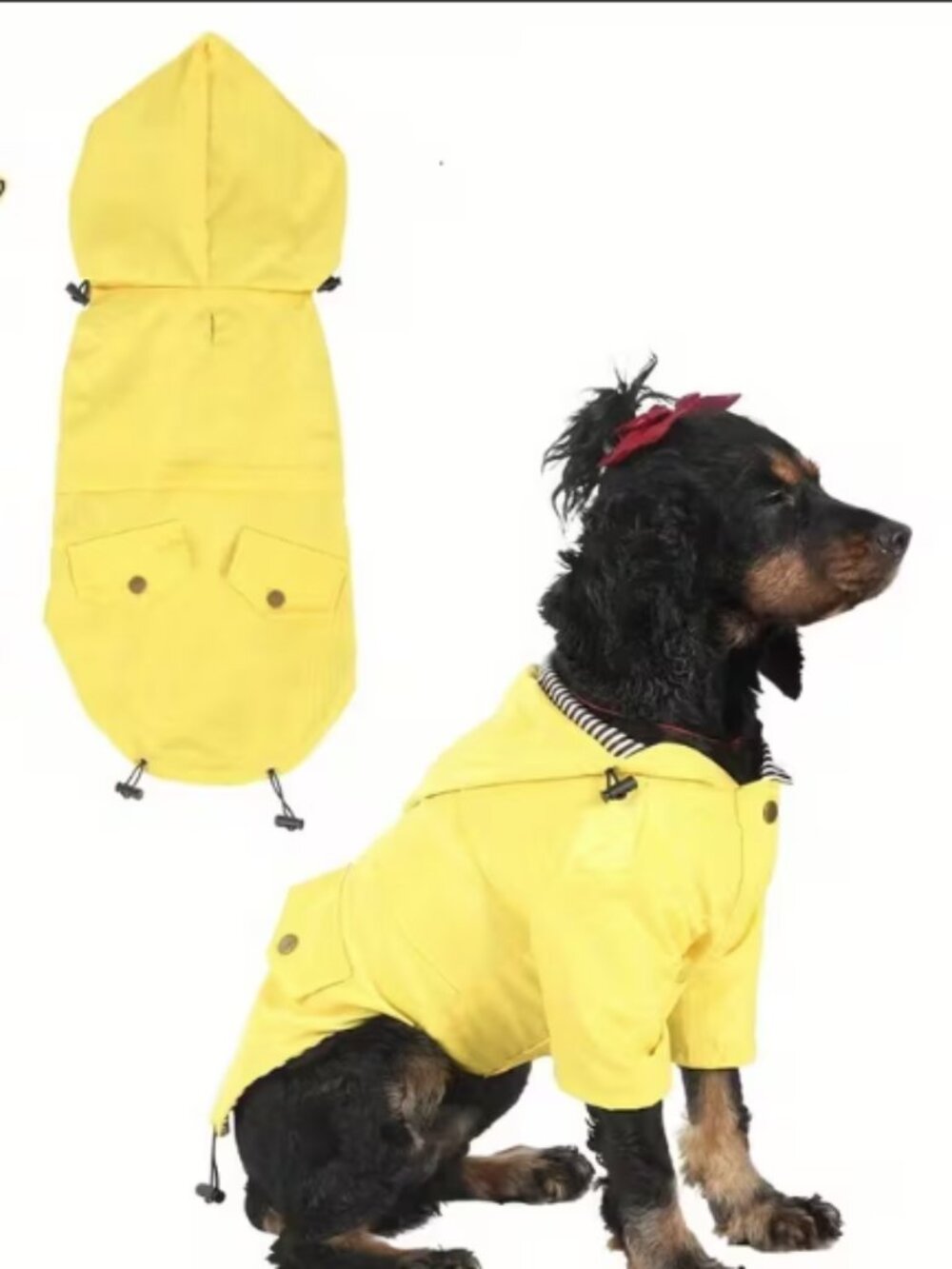 Zip Up Dog Raincoat with Reflective Buttons, Rain/Water Resistant Yellow w/ Hood